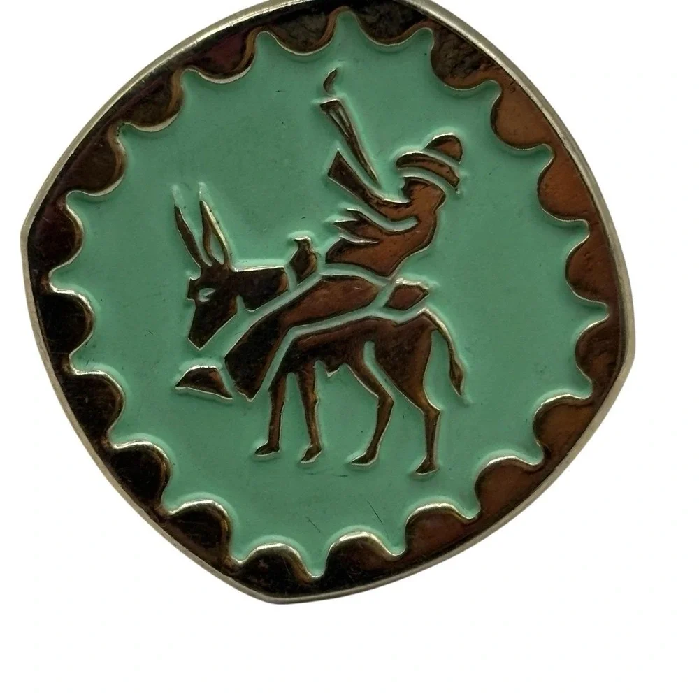 Western Man on Donkey Jackass Bullet Back Cufflinks Teal Green Gold Tone Vintage